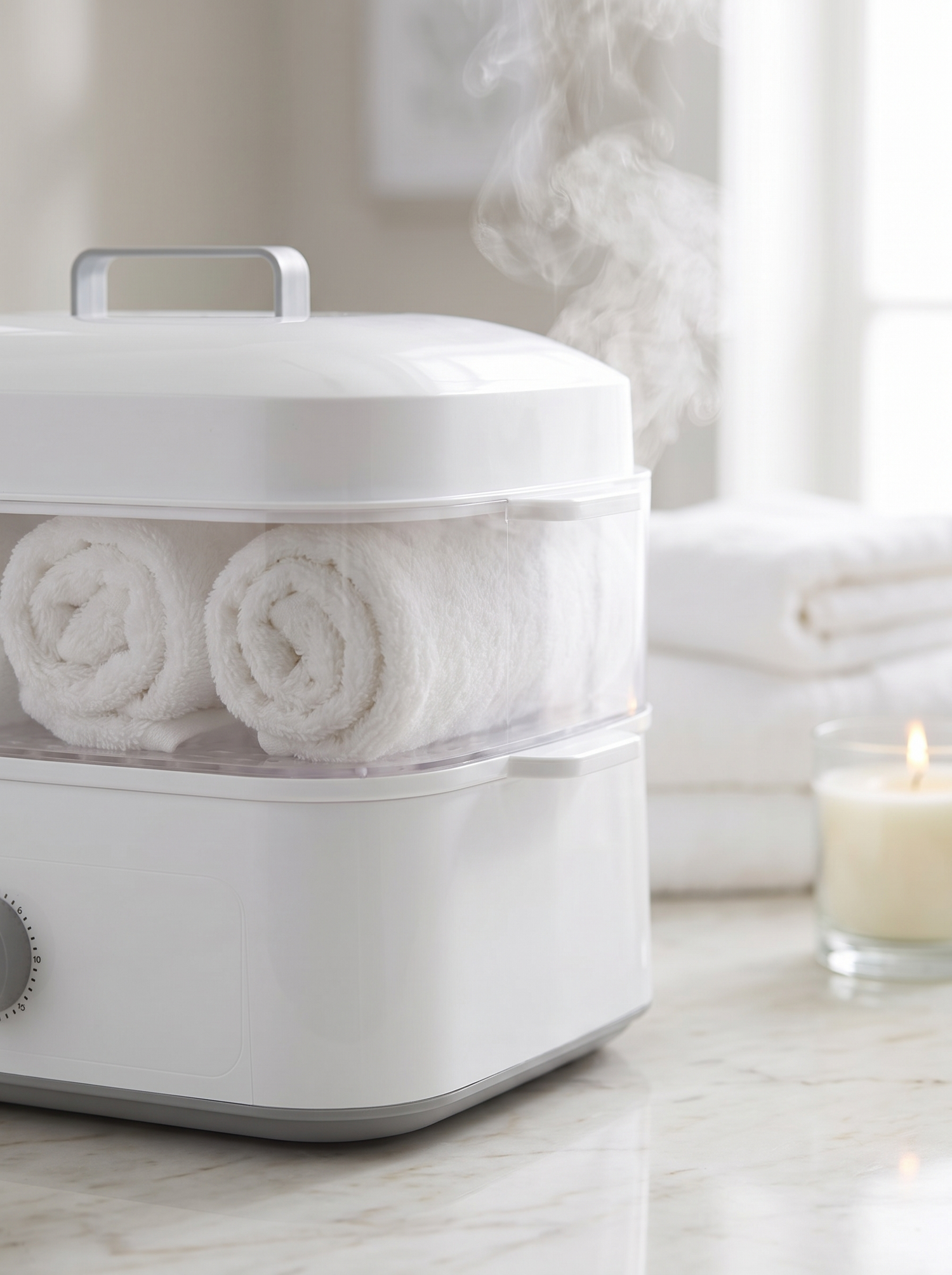 Hot towel warmer with rolled spa towels