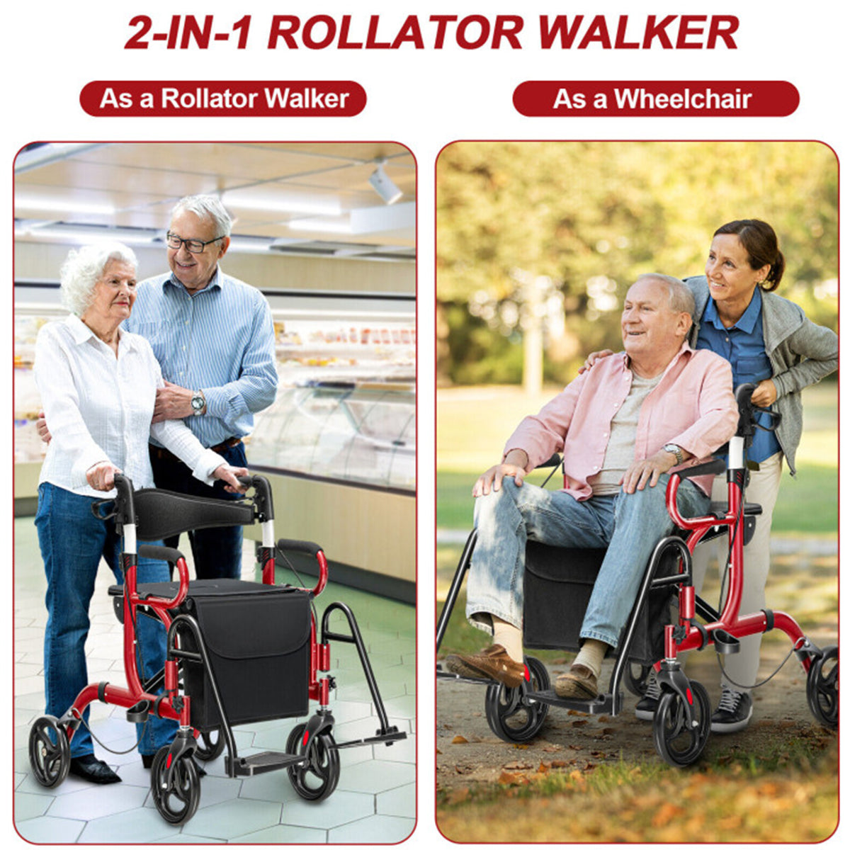 2-in-1 Rollator Walker & Transport Chair