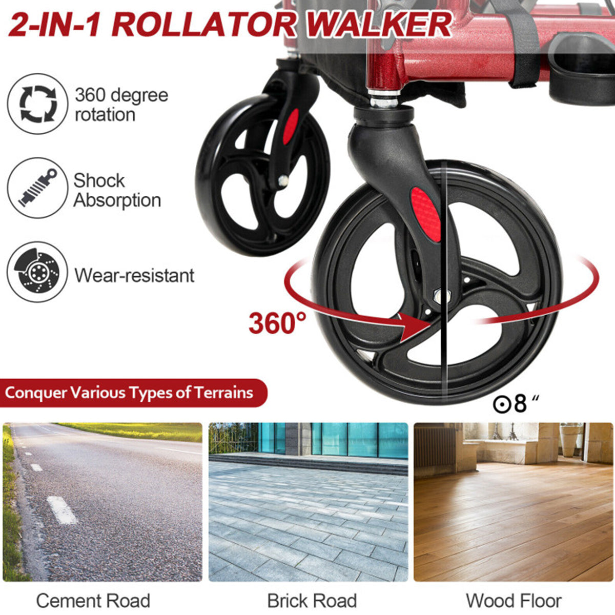 2-in-1 Rollator Walker & Transport Chair