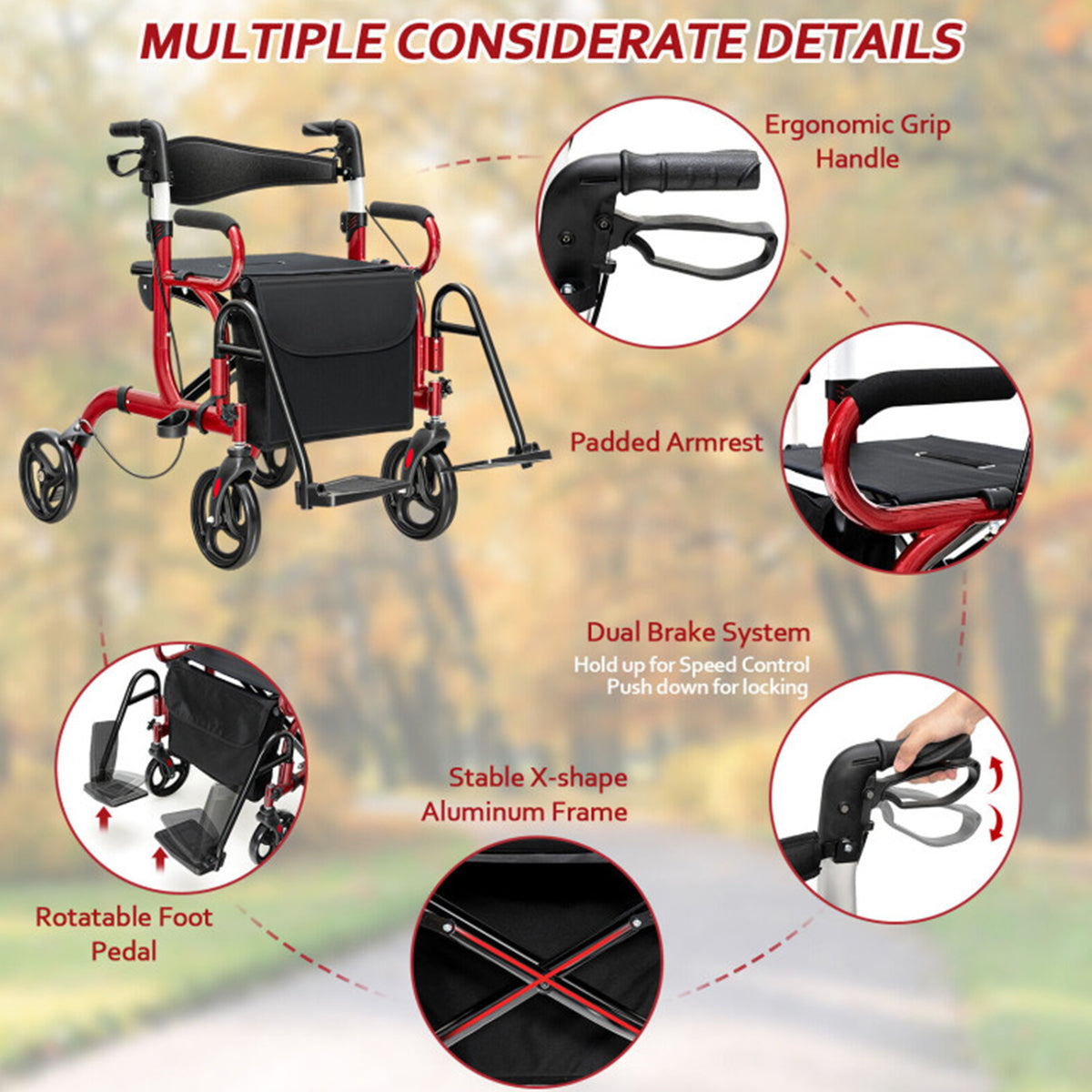2-in-1 Rollator Walker & Transport Chair