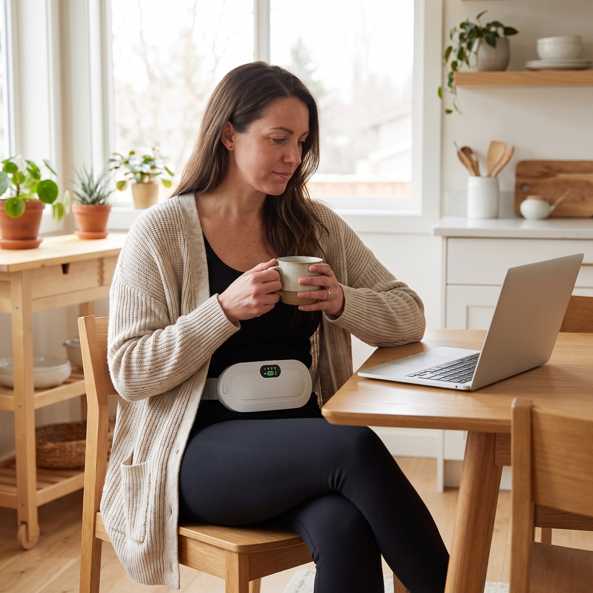 Woman wearing the Adjustable Heated Cramp Wrap at a kitchen table in the morning